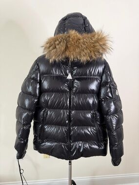 Moncler Black Shiny Down Puffer Jacket with Fur-Trim Hood